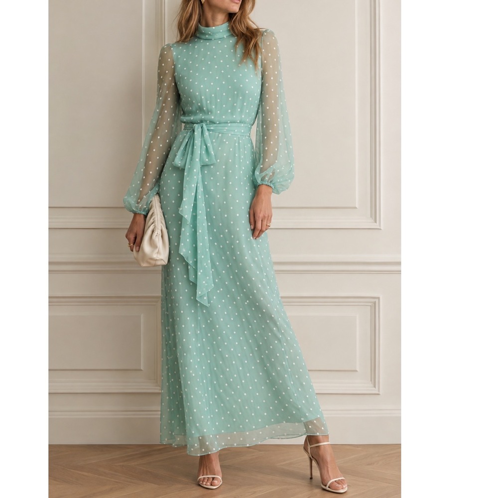 Vintage Mint Green Polka Dot Maxi Dress Mock Neck Sheer Bishop Sleeve Size 2
